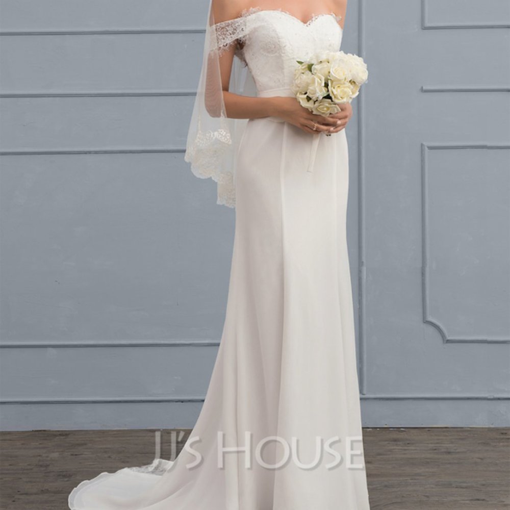 NWT - Trumpet/Mermaid Court Train Chiffon Lace Wedding Dress With Beading - US4 - Picture 4 of 11